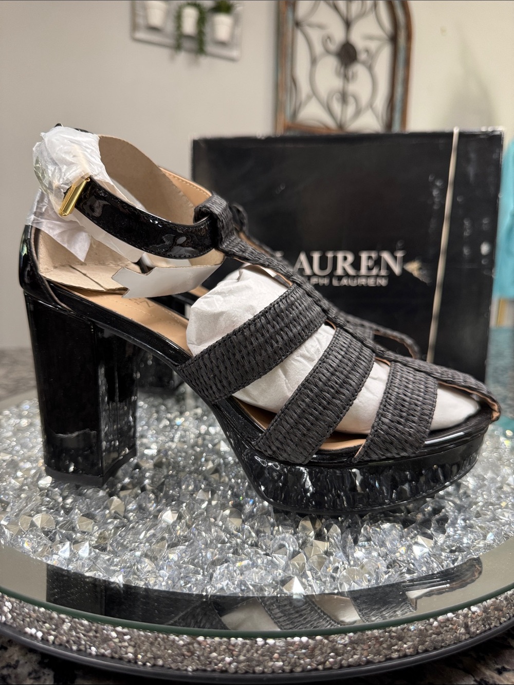 Ralph Lauren Black Woven Patent Platform leather Heels NEW 8
